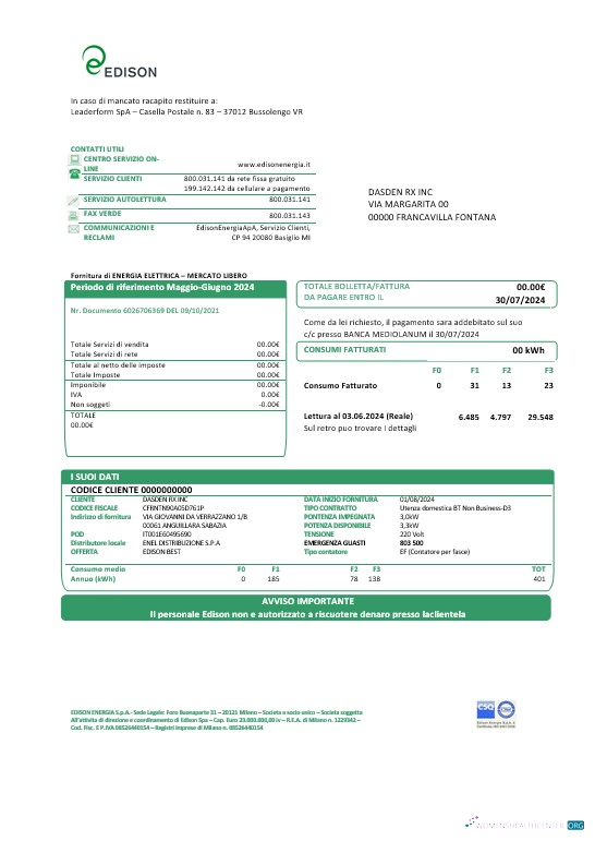Italy Edison business utility bill template in Word and PDF formats, good for address prove